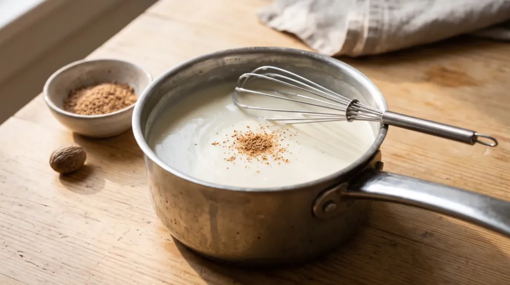 Béchamel maison lisse et brillante dans une casserole, avec un fouet et de la muscade râpée sur le dessus