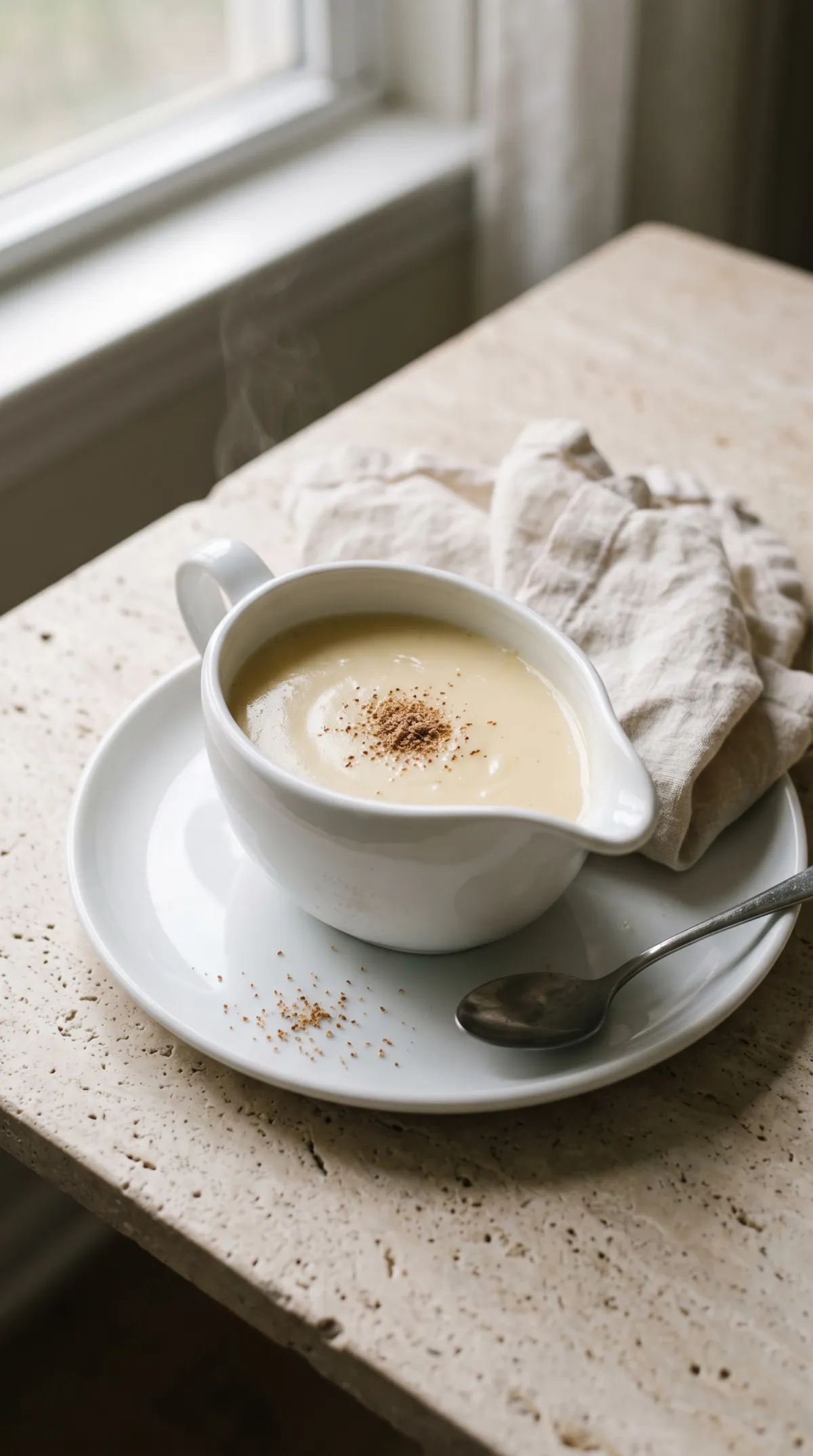 Saucière blanche remplie de béchamel lisse avec une pincée de muscade, sur une assiette blanche et une serviette