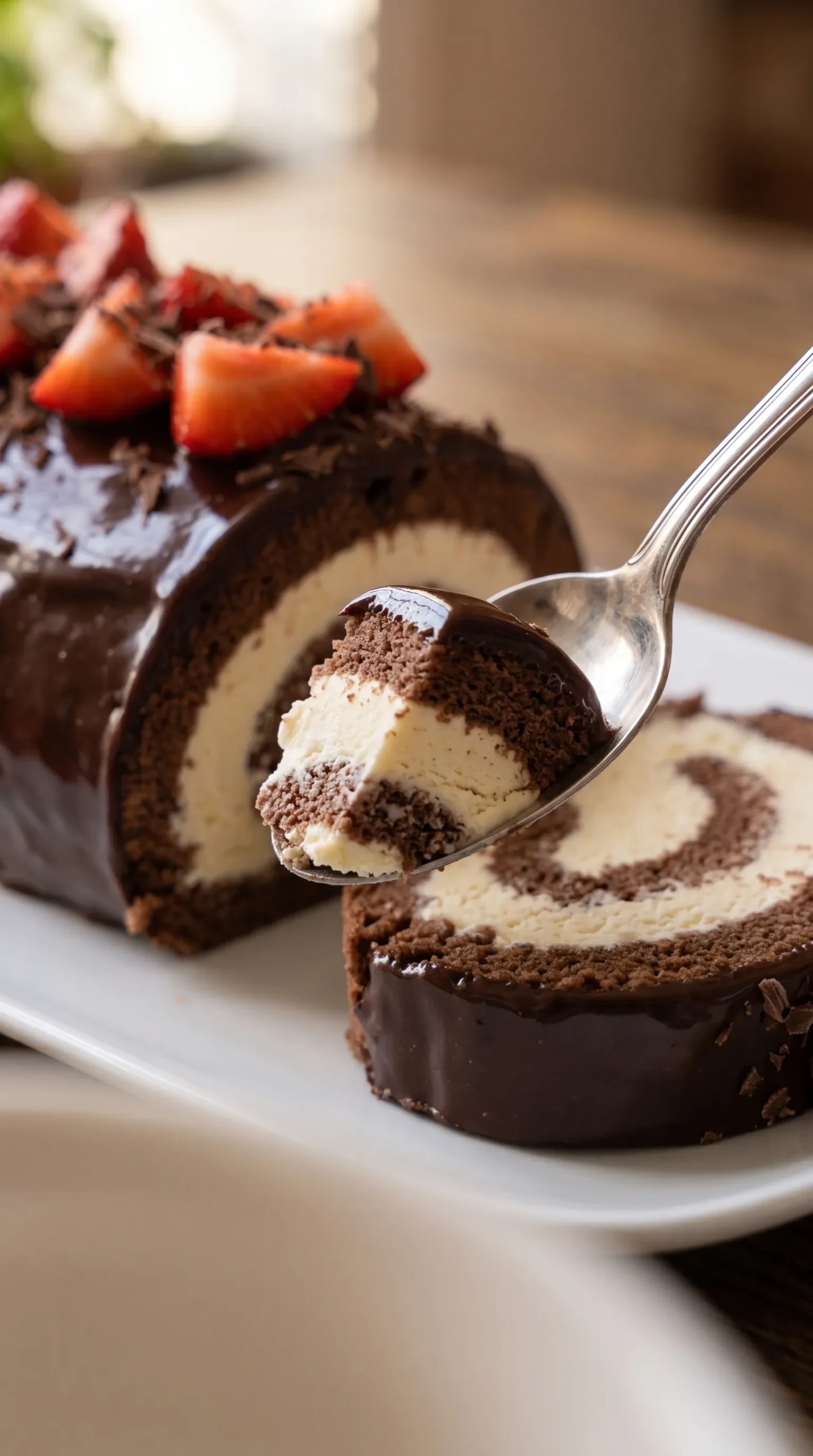 Cuillère soulevant une bouchée de bûche glacée : glaçage chocolat, biscuit cacao et glace à la vanille