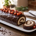 Bûche glacée au biscuit roulé cacao, vanille et glaçage chocolat