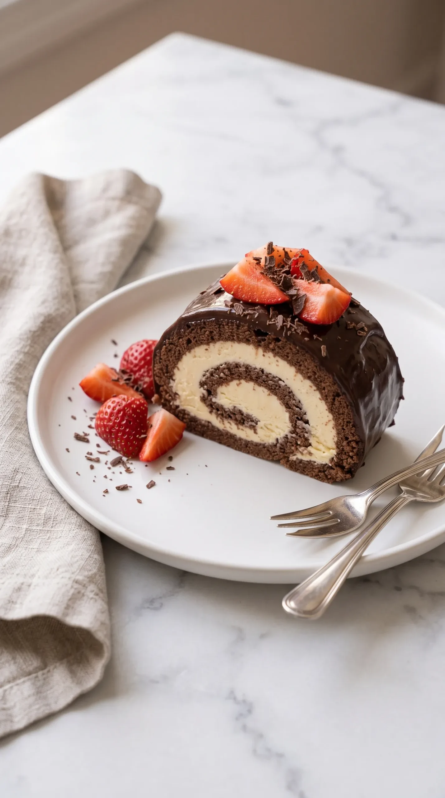 Tranche de bûche glacée nappée de chocolat sur assiette blanche, fraises coupées et copeaux de chocolat