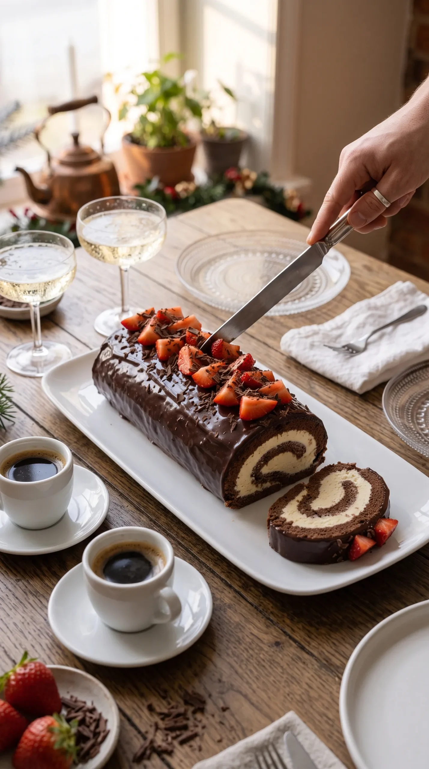 Bûche glacée sur une table de fête avec tasses de café et flûtes de vin pétillant, plateau blanc