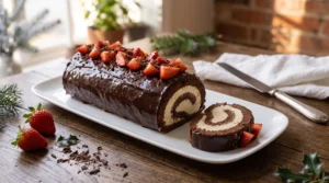 Bûche glacée au biscuit roulé cacao, vanille et glaçage chocolat