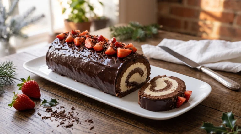 Buche glacée au chocolat, tranche montrant la spirale de biscuit cacao et de glace vanille, fraises dessus