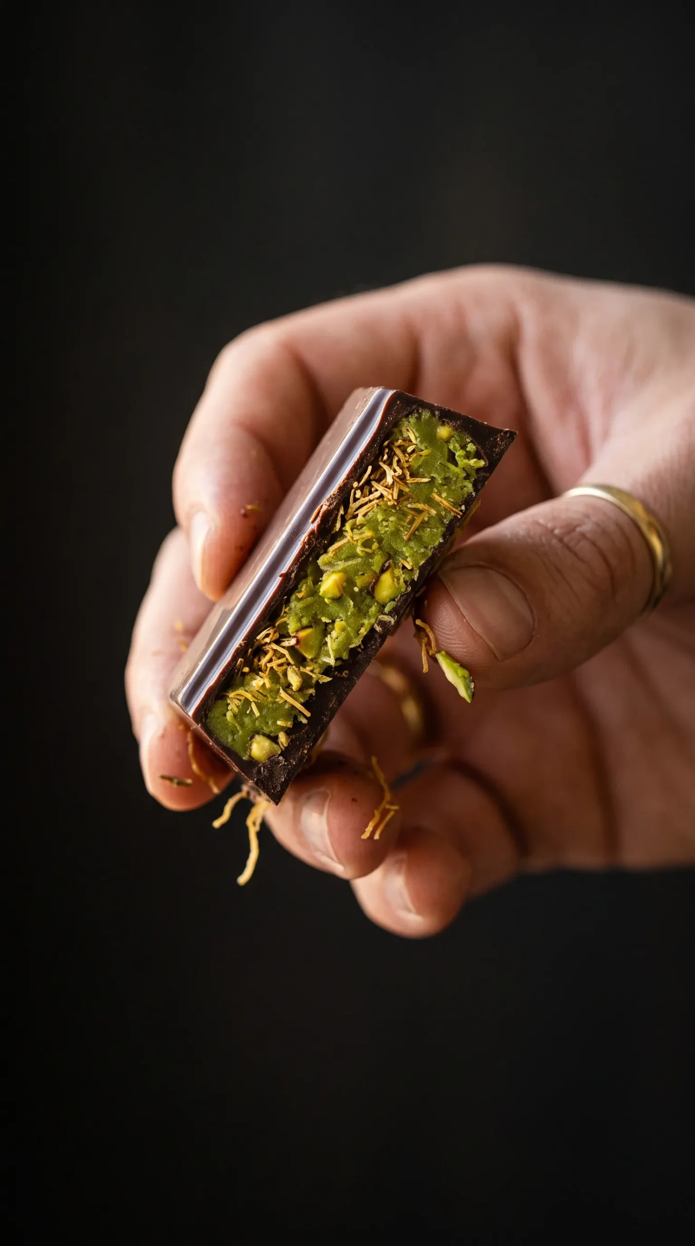 Morceau de chocolat de Dubaï croqué montrant la coque brillante, le fourrage à la pistache et le kadaïf croustillant