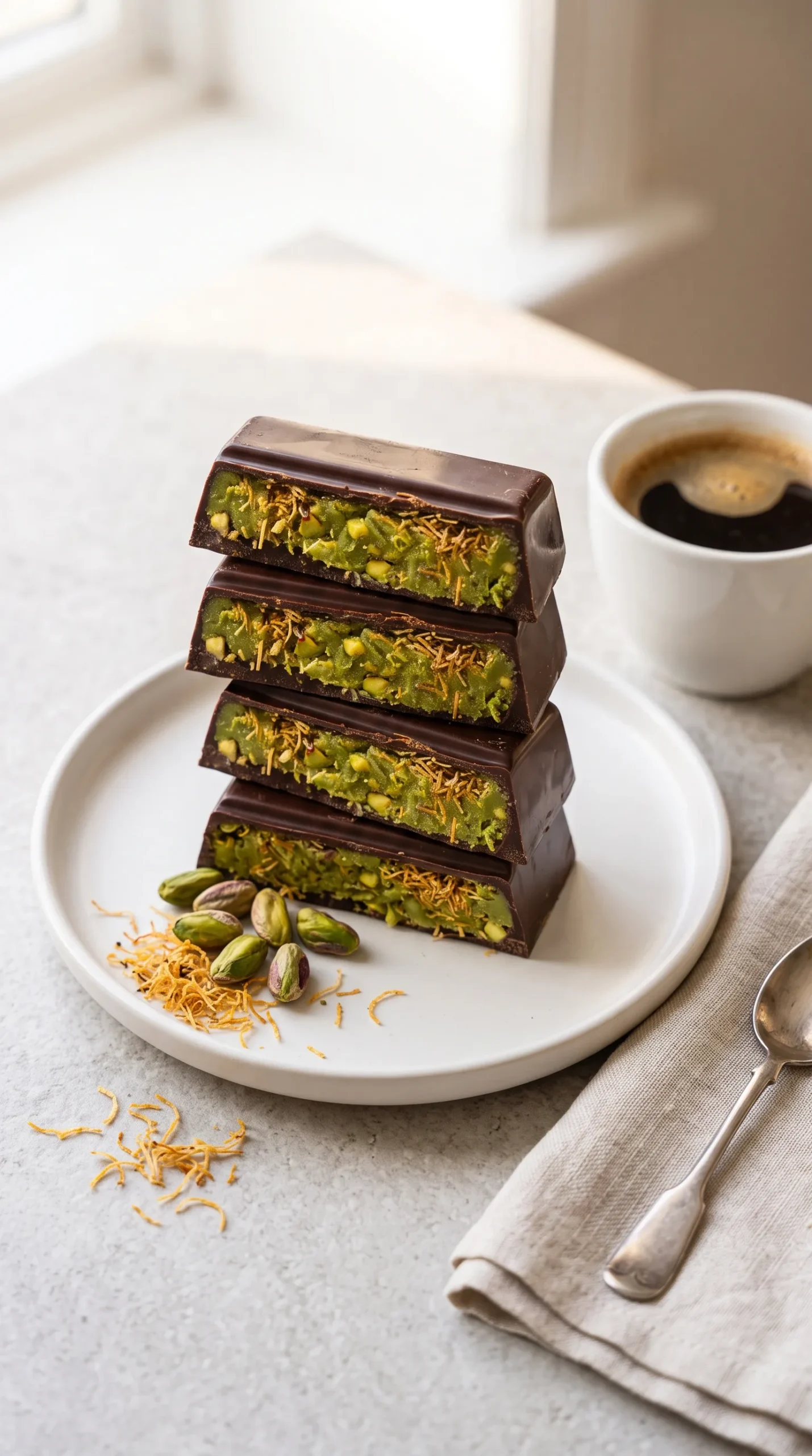 Quatre morceaux de chocolat de Dubaï pistache et kadaïf sur une assiette blanche avec pistaches et tasse de café