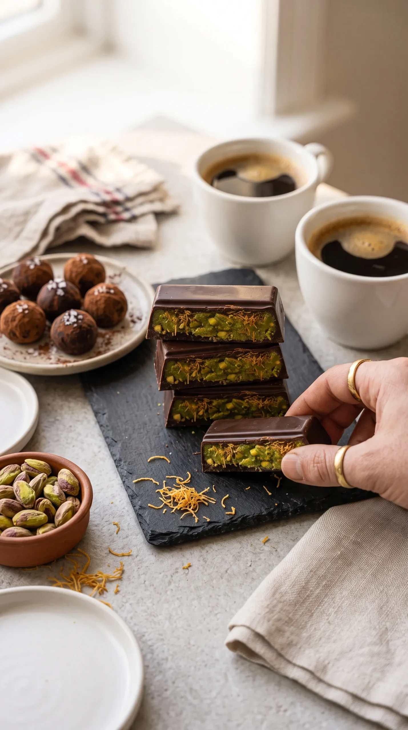 Chocolat de Dubaï sur une planche avec truffes au chocolat, tasses de café noir et pistaches décortiquées