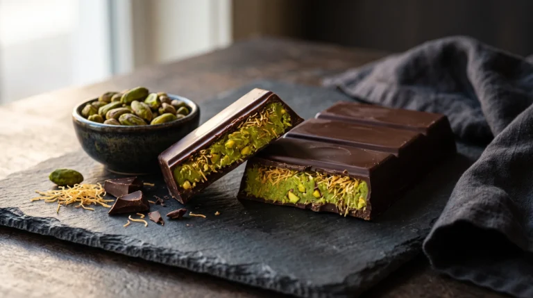 Chocolat de dubaï maison cassé en deux, coque brillante et fourrage vert de pistache avec kadaïf doré croustillant