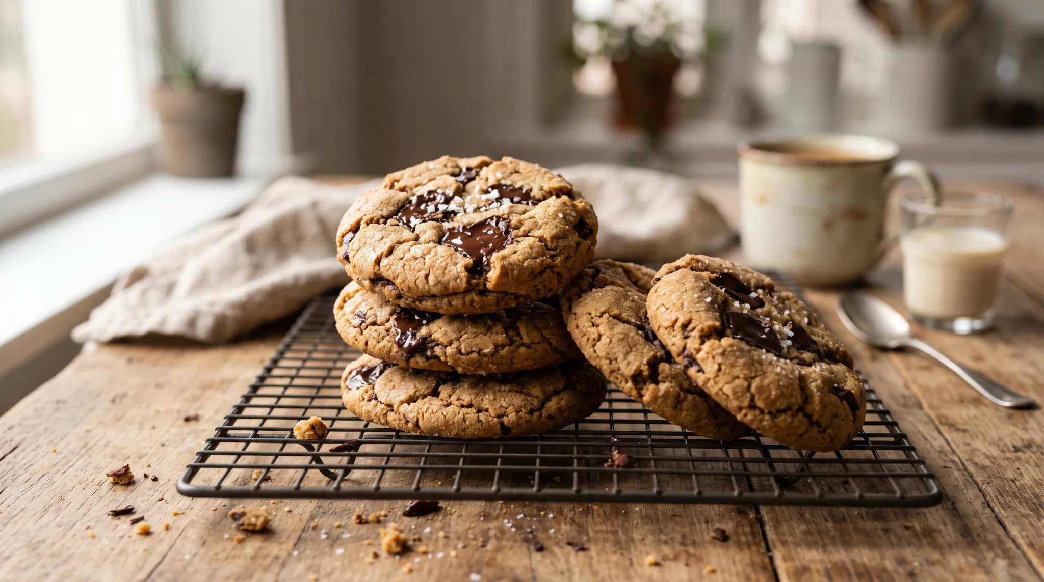 Cookies vegan aux pépites de chocolat dorés sur une grille, éclats de chocolat noir fondus en surface