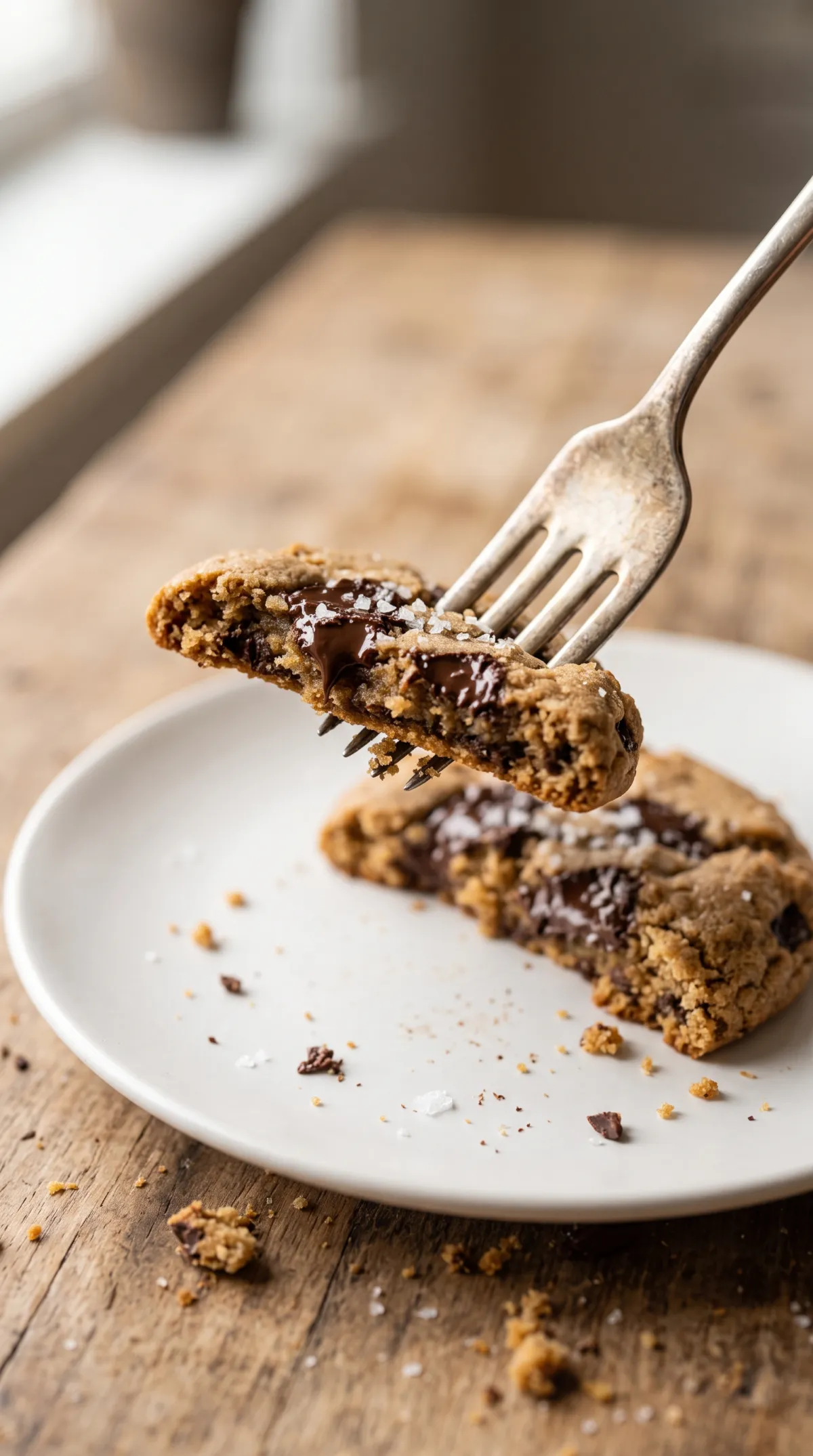 Cookie vegan coupé en deux montrant un centre moelleux et des pépites de chocolat noir fondantes