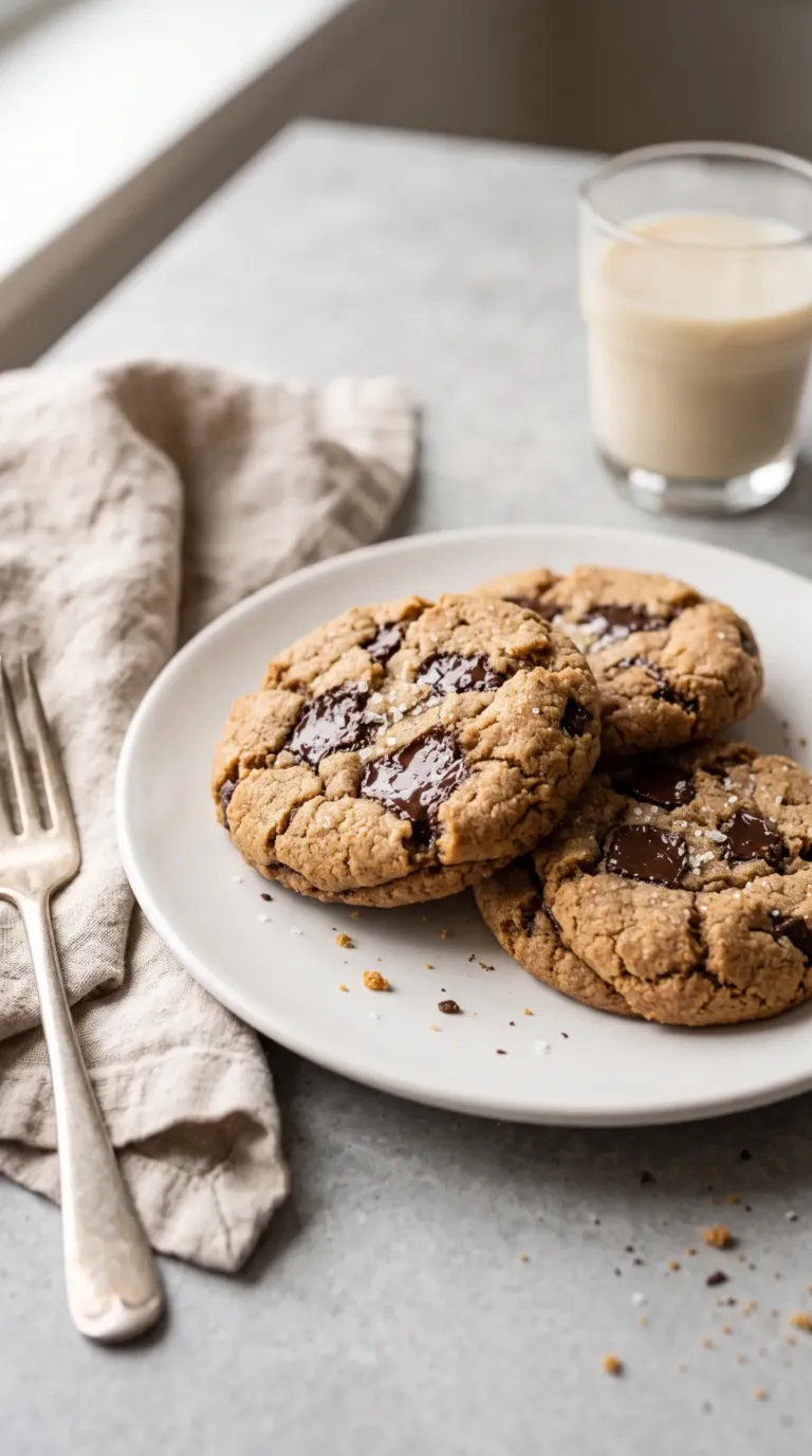 Trois cookies vegan aux pépites de chocolat sur une assiette en céramique avec un verre de lait végétal