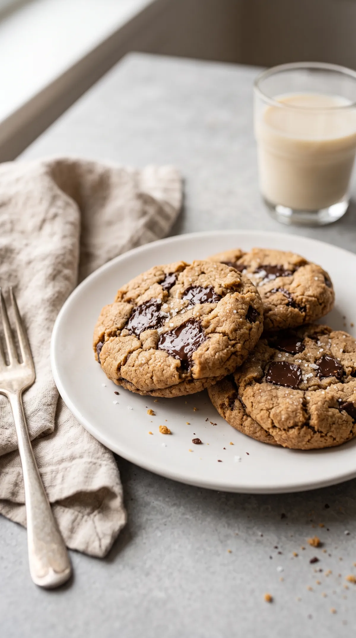 Trois cookies vegan aux pépites de chocolat sur une assiette en céramique avec un verre de lait végétal