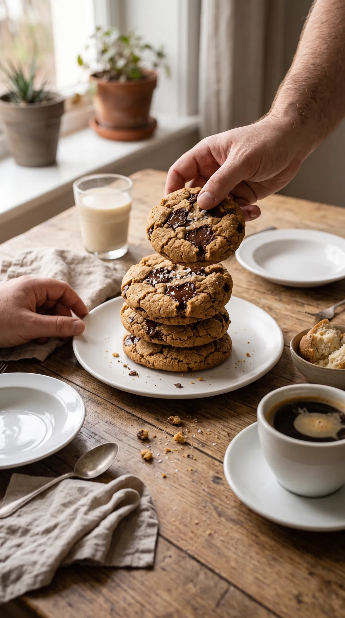 Table de goûter avec cookies vegan aux pépites de chocolat, tasse de café et verre de boisson d'avoine