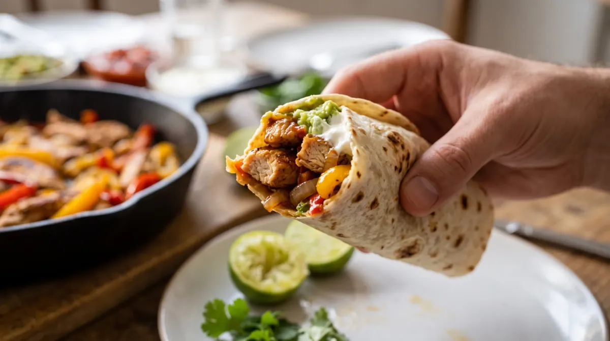 Tortilla garnie de fajitas au poulet croquée, poulet doré, poivrons et oignons visibles à l'intérieur