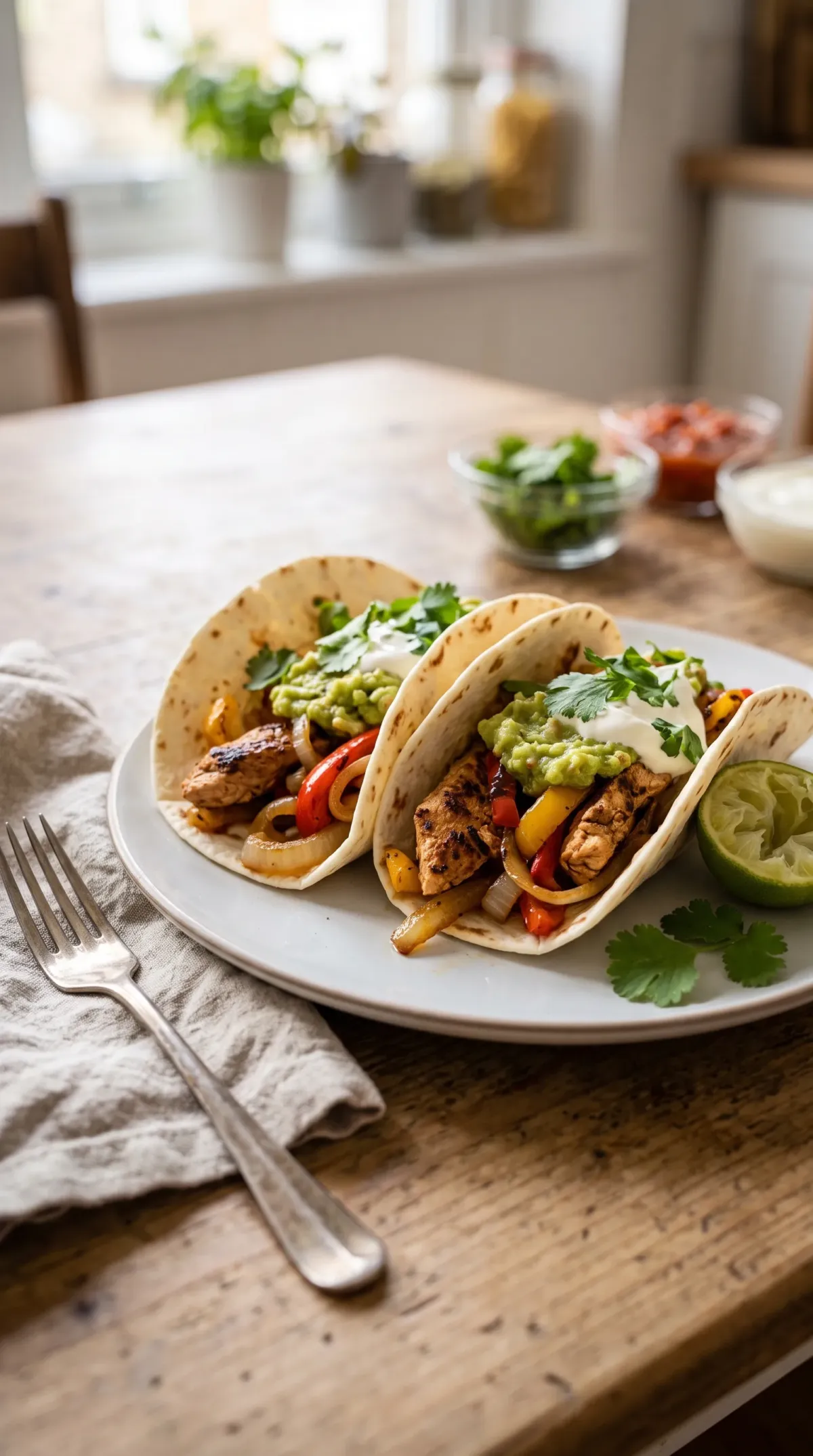 Deux tortillas garnies de fajitas au poulet, guacamole, crème fraîche et coriandre sur une assiette blanche