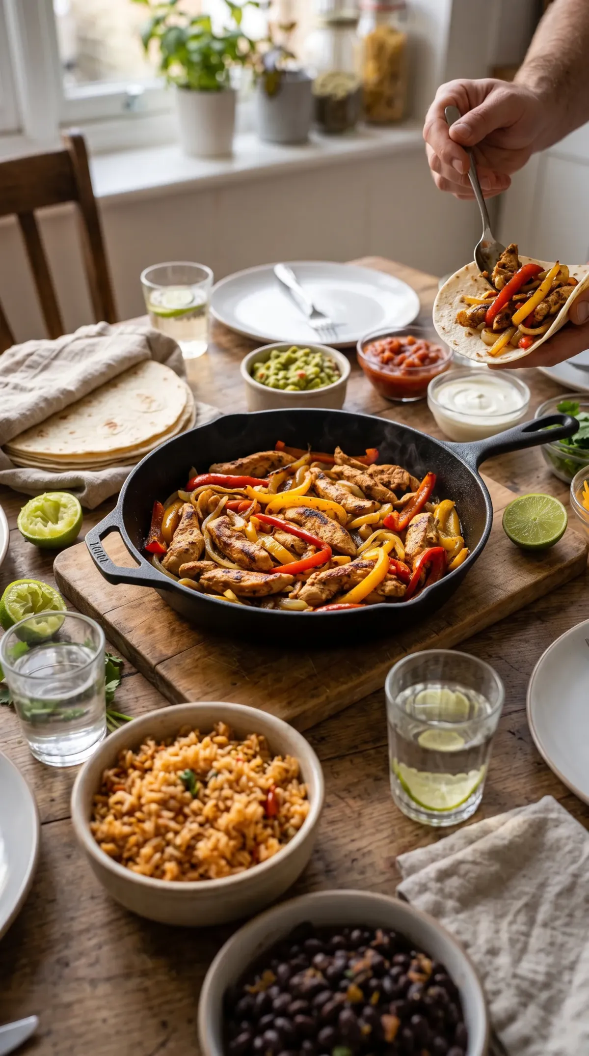 Fajitas au poulet dans la poêle au centre d'une table, avec riz, haricots noirs, guacamole, salsa et tortillas