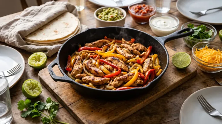 Fajitas au poulet dans une poêle en fonte avec poivrons et oignons, tortillas chaudes et bols de garnitures