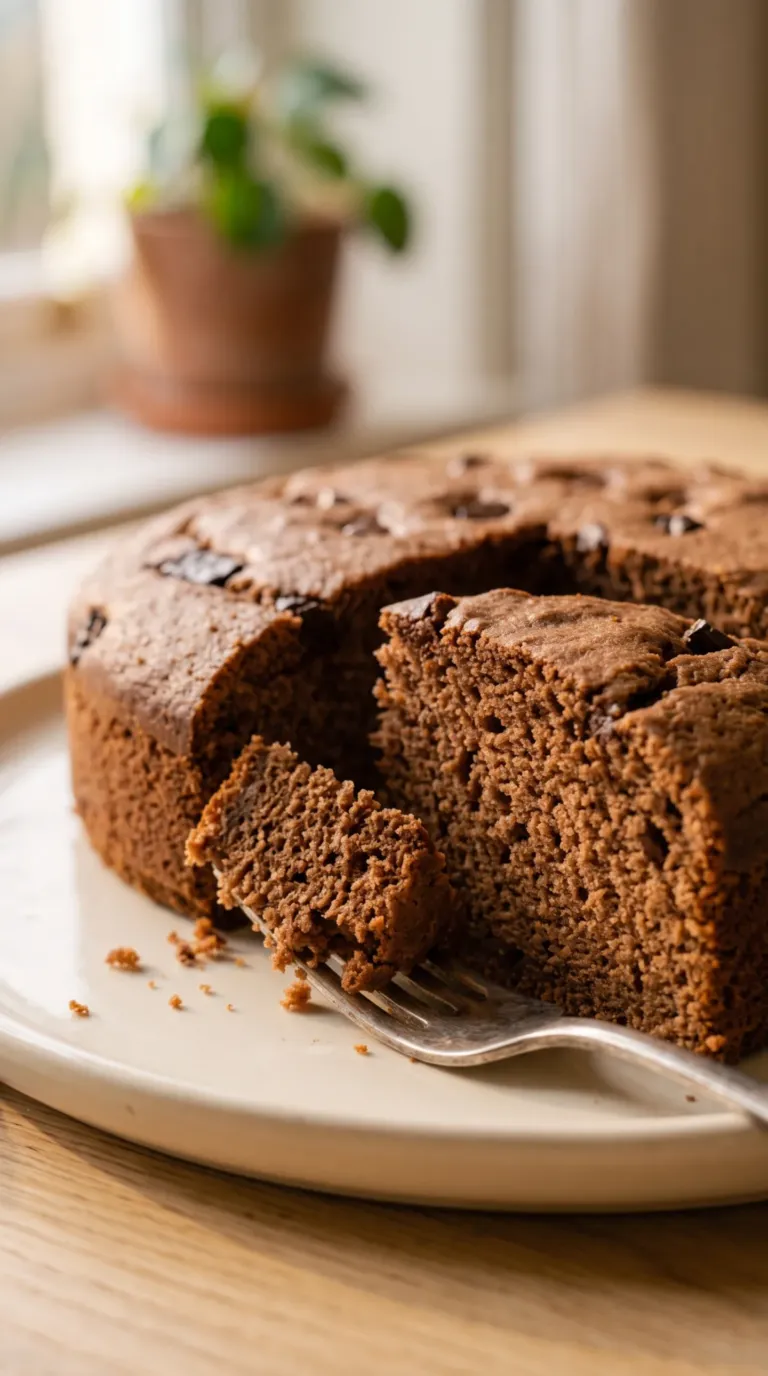 Une part de gâteau au chocolat healthy sur une assiette crème, avec des morceaux de chocolat sur le dessus.