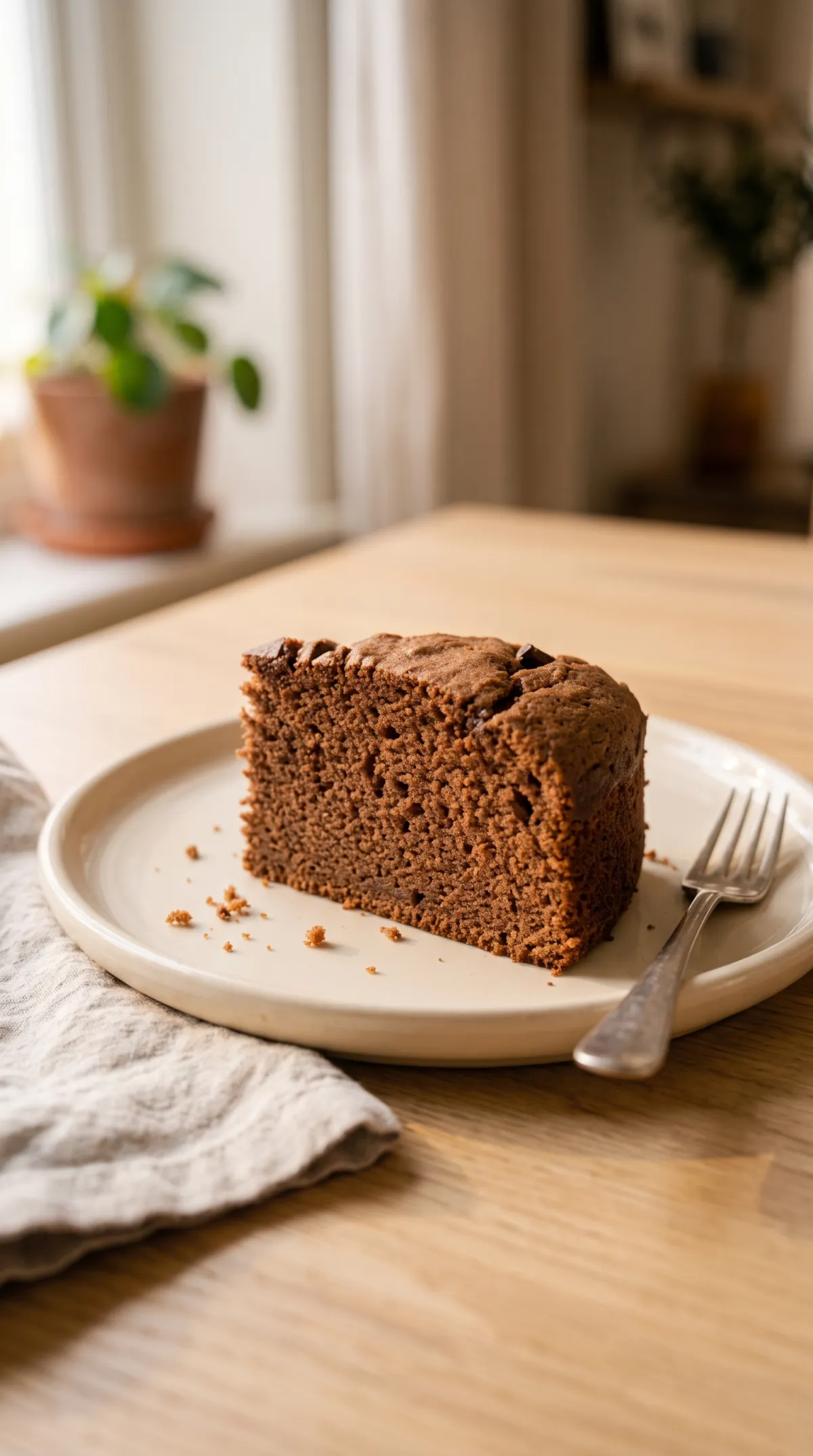 Une fourchette prélève une bouchée de gâteau au chocolat healthy, révélant une mie brune finement alvéolée.