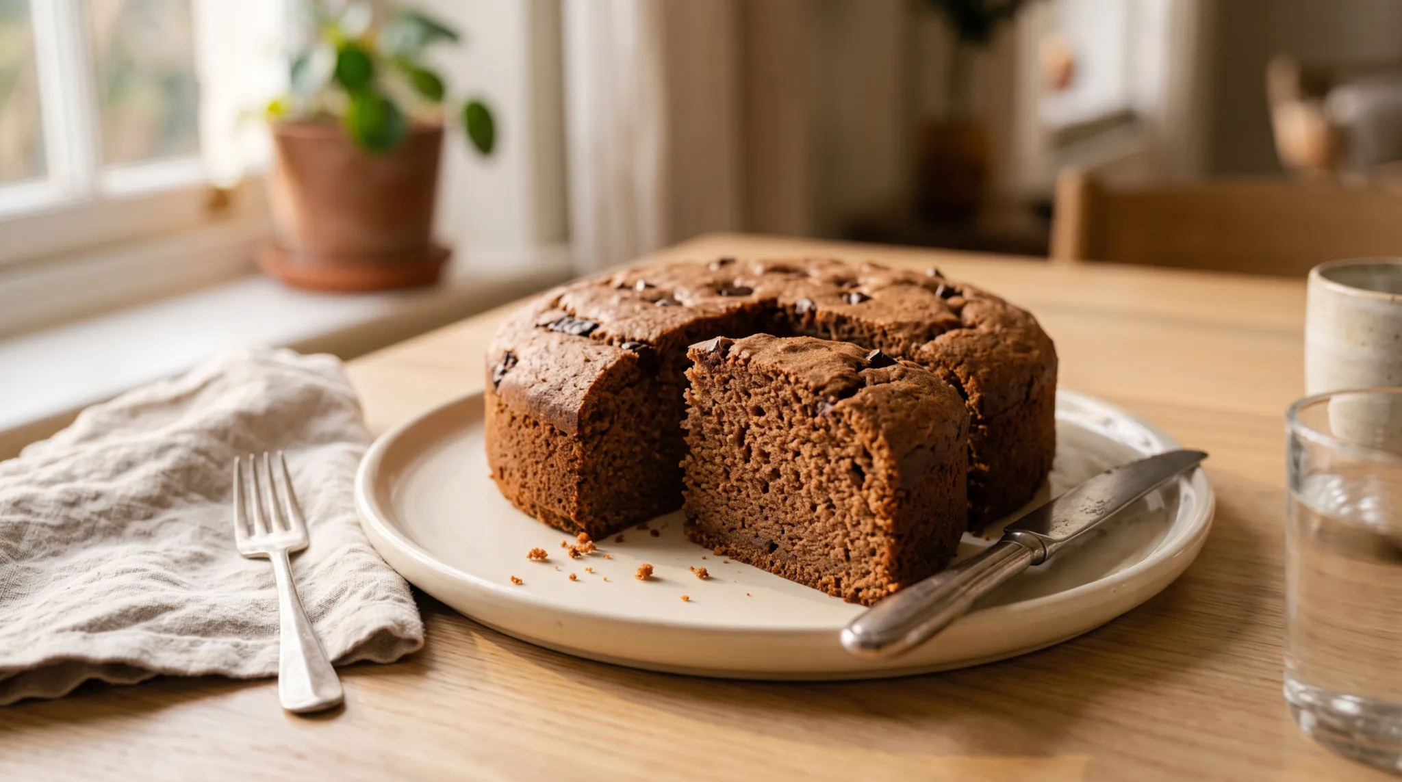 gâteau au chocolat healthy à la compote, rond et garni de chocolat, avec une part montrant sa mie brune.