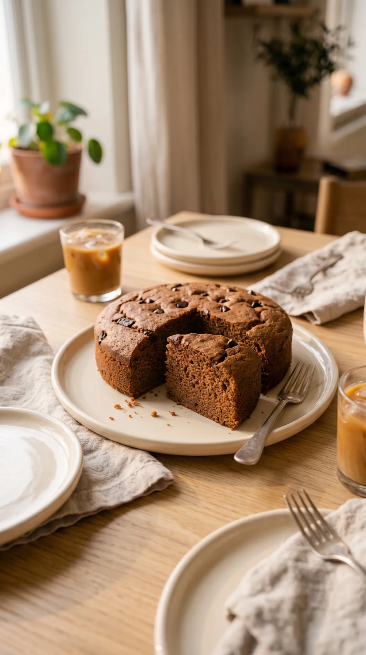 Le gâteau au chocolat healthy au centre d’une table en bois, accompagné de cafés glacés et de petites assiettes.