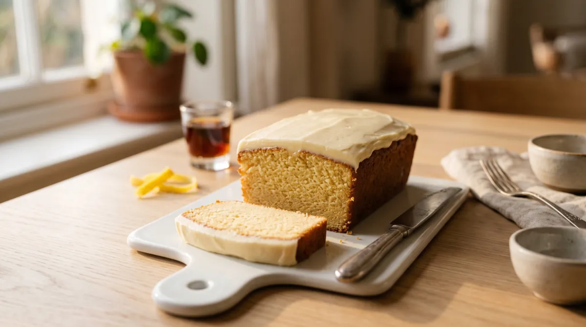 Fourchette soulevant une bouchée de haitian cake, mie fine et dorée sous un glaçage vanille blanc