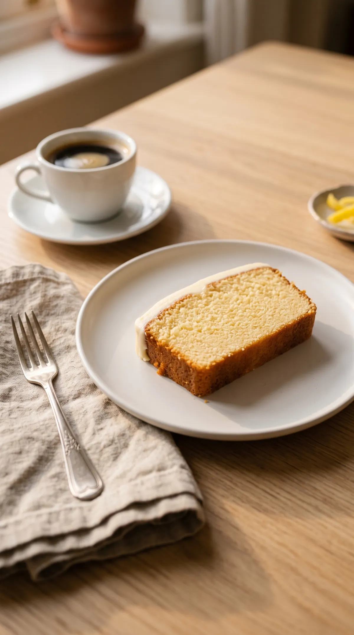 Tranche de haitian cake glacée à la vanille sur assiette blanche, avec fourchette, serviette en lin et café noir