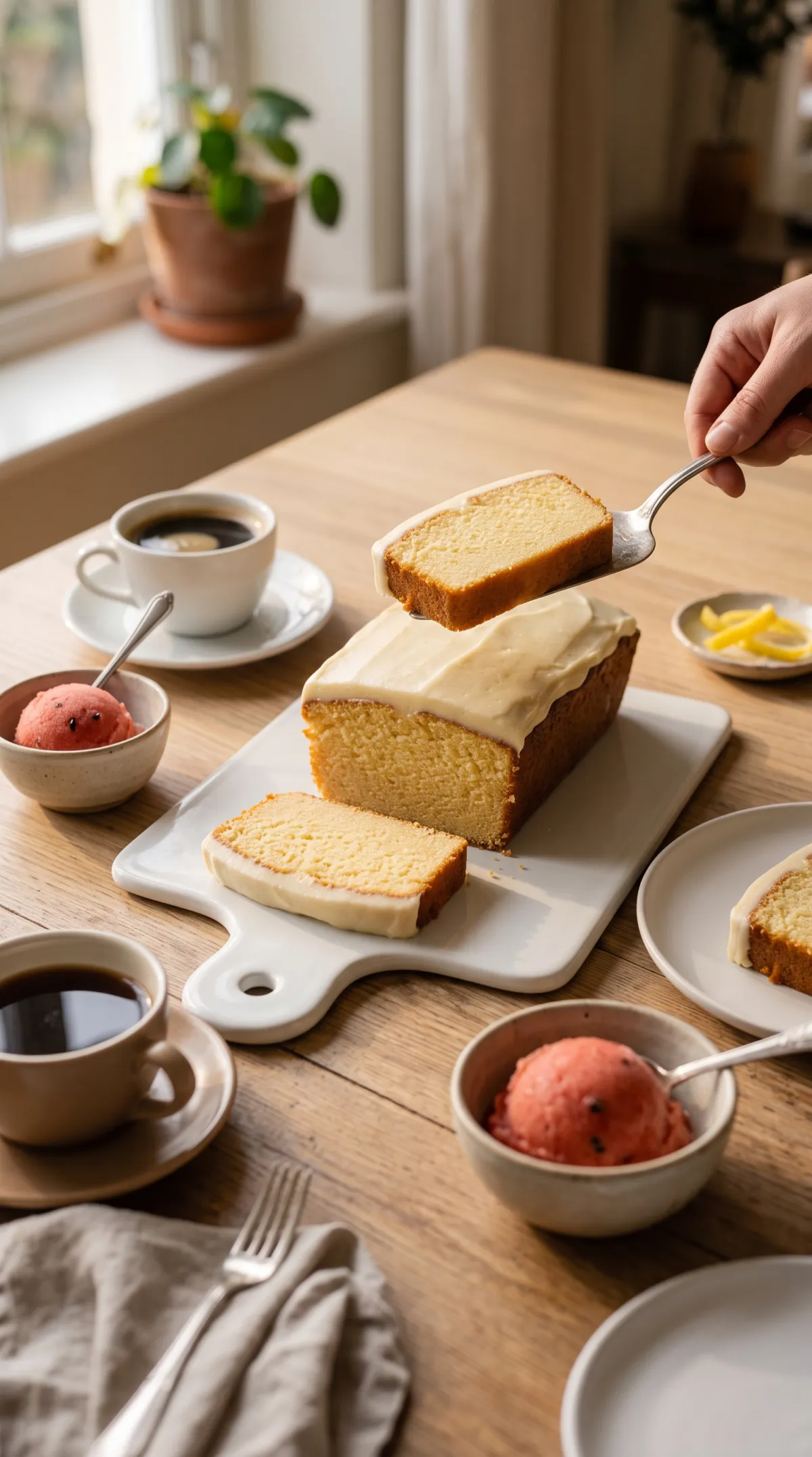 Haitian cake glacé sur une table de goûter avec café, sorbet au melon d'eau et assiettes à dessert
