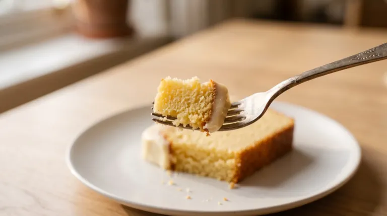 Haitian cake recette : gâteau au beurre glacé à la vanille, une tranche coupée montrant la mie dorée et fine