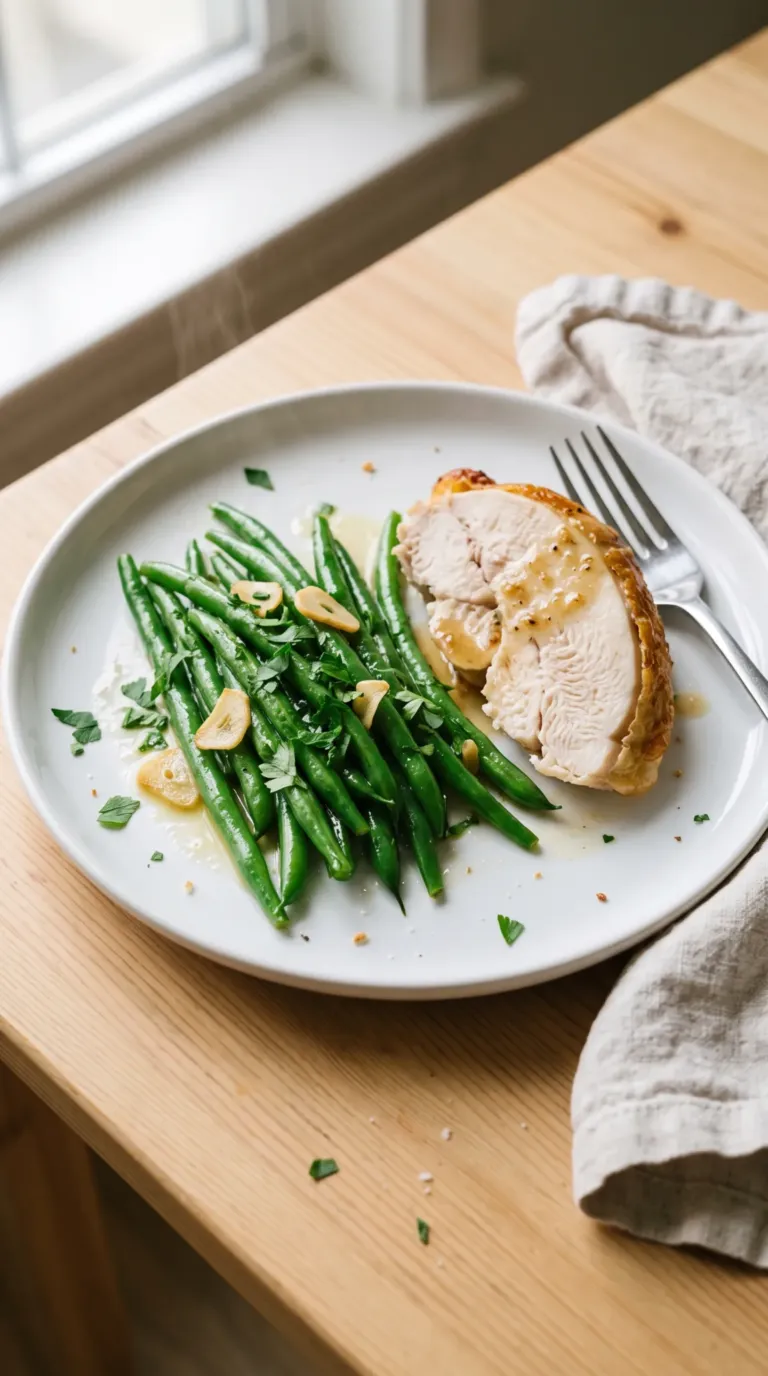 Assiette blanche avec des haricots verts sautés au persil à côté d'une tranche de poulet rôti