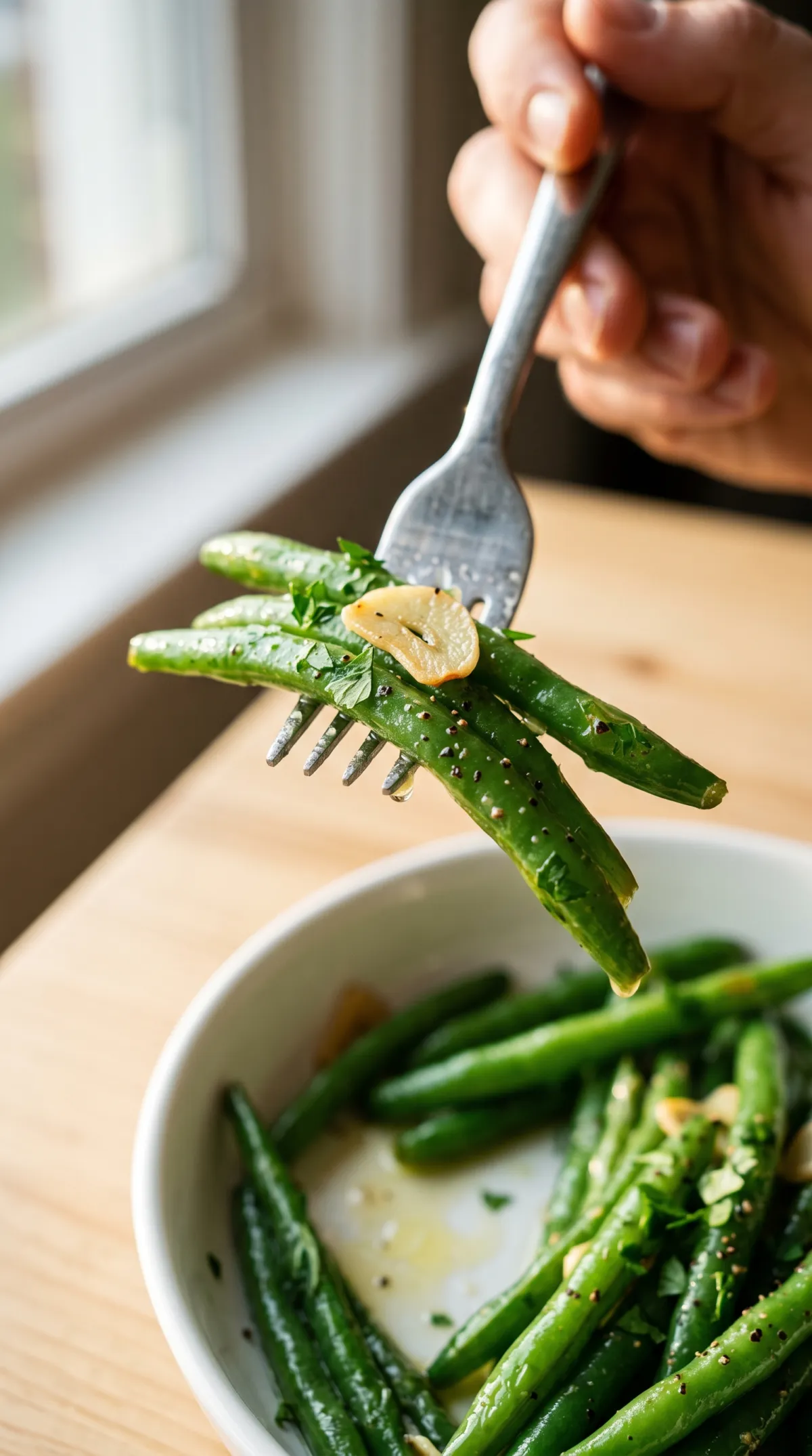 Fourchette soulevant des haricots verts luisants de beurre et parsemés de persil haché