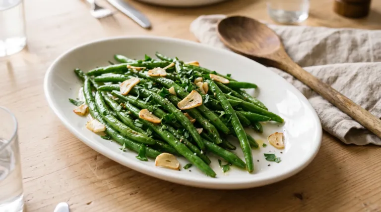 Haricots verts sautés au beurre, d'un vert vif, avec du persil haché dans un plat blanc