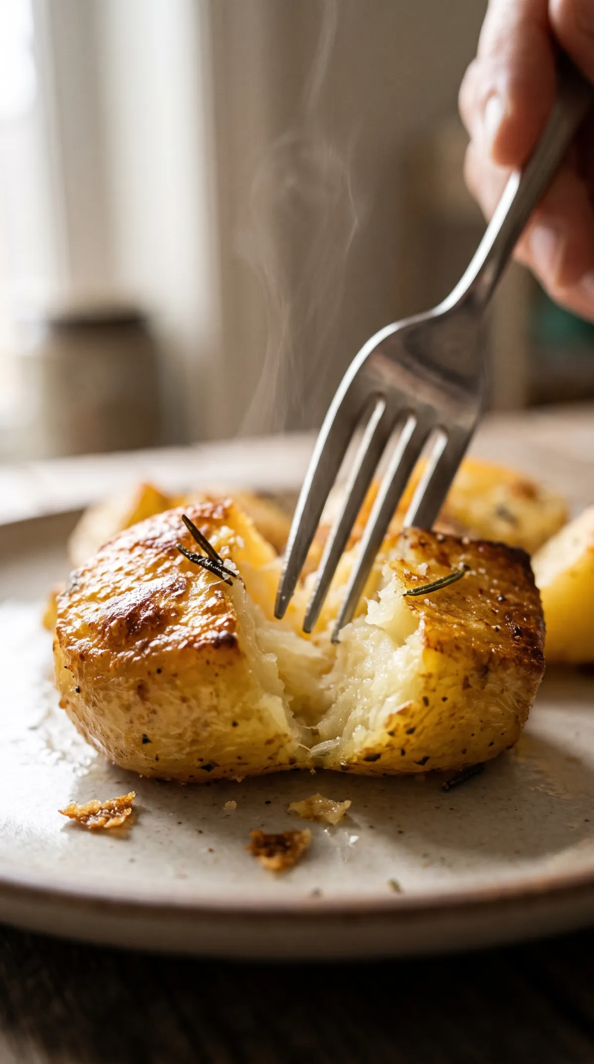 Fourchette ouvrant une pomme de terre rôtie, croûte dorée croustillante et cœur tendre avec du romarin