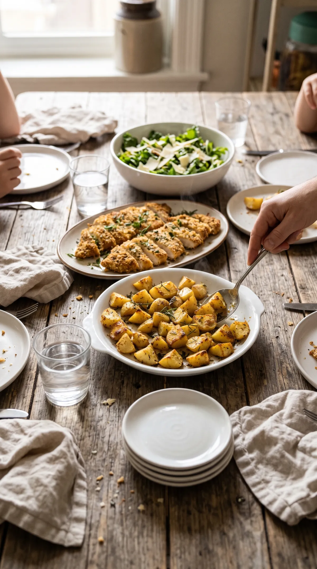Table de dîner avec un plat de pommes de terre rôties, du poulet pané, une salade verte et des verres d'eau