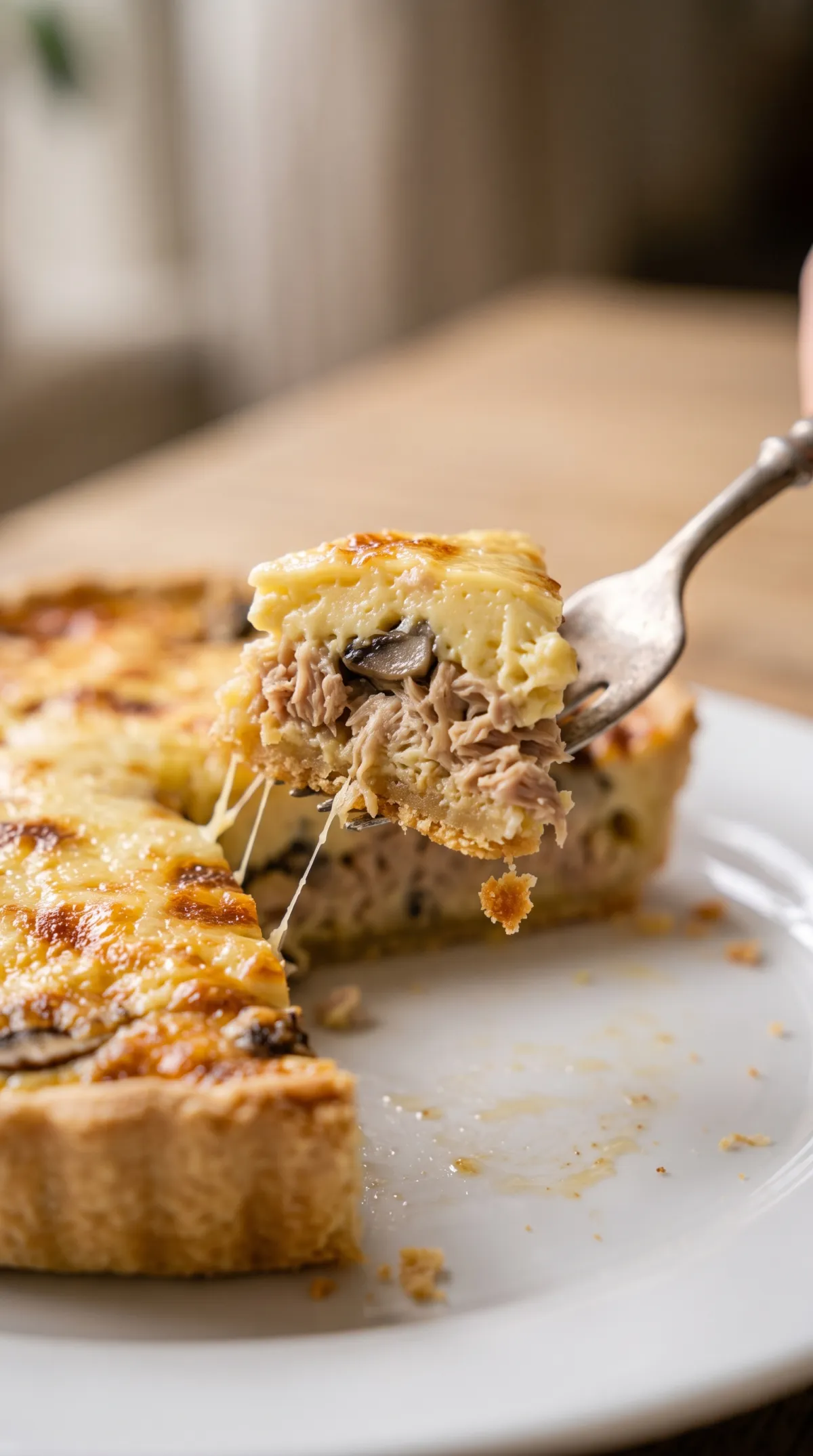 Bouchée de quiche au thon sur une fourchette, thon, champignons, appareil pris et fond de pâte croustillant