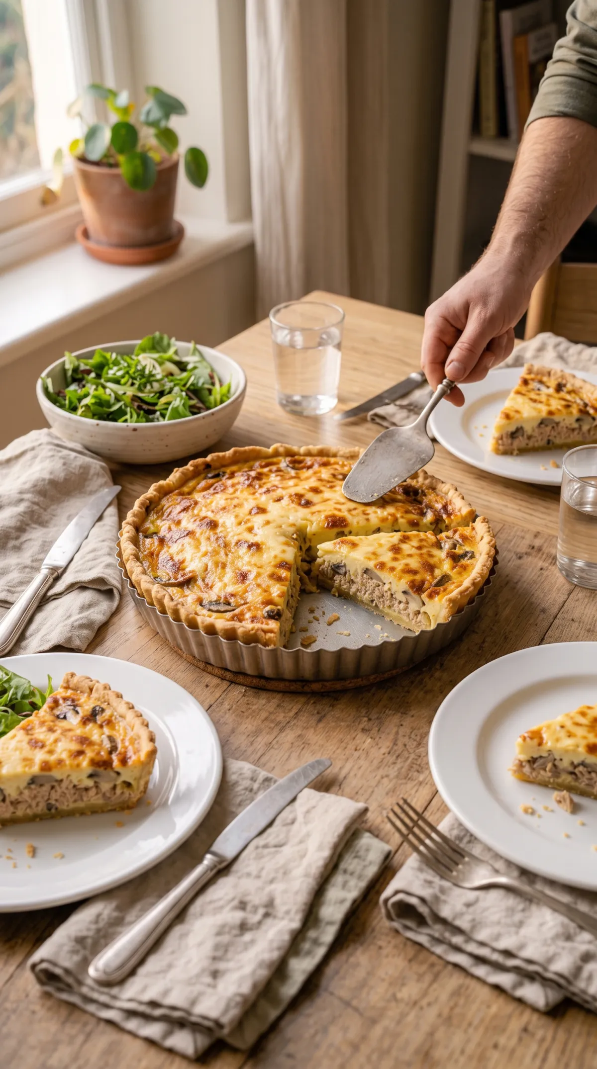 Table de déjeuner avec quiche au thon entière, deux parts servies, salade verte, verres d'eau et serviettes