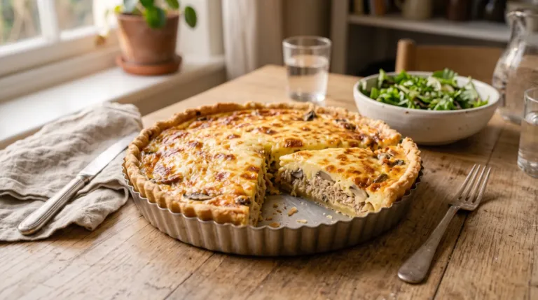 Quiche au thon dorée dans son moule à tarte, une part découpée montrant le thon et les champignons