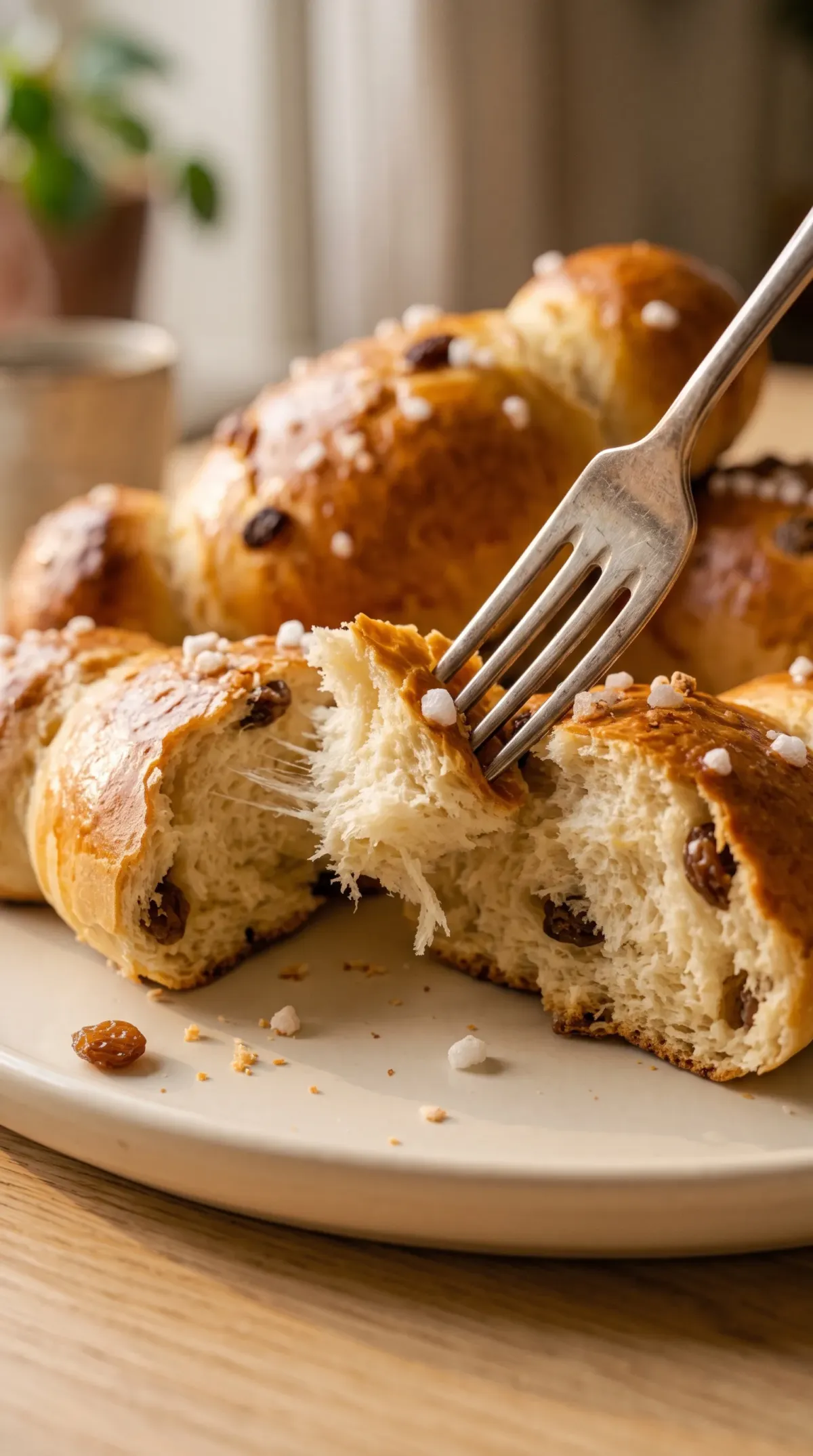 Une fourchette détache un morceau de cougnou, révélant une mie souple avec des raisins et du sucre perlé.