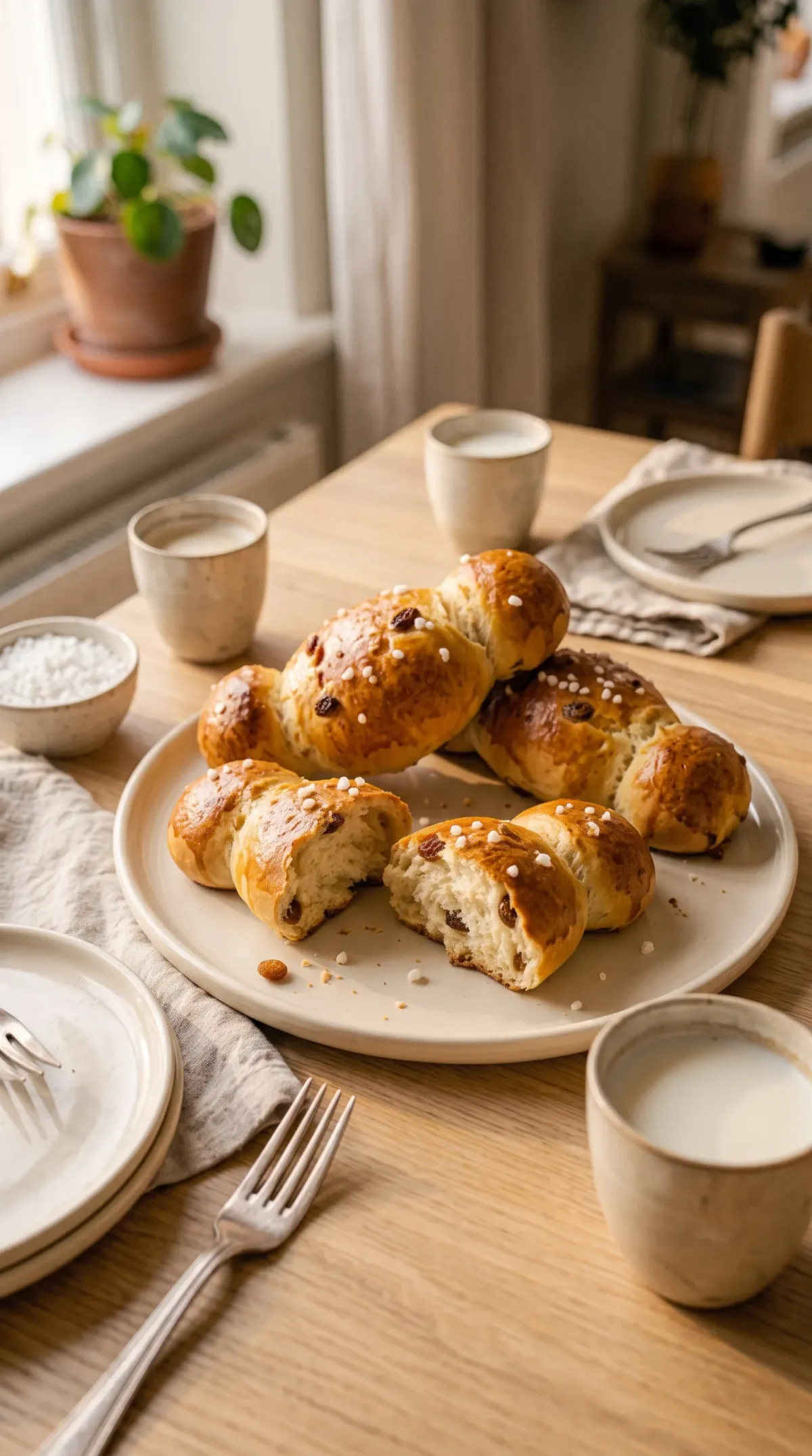Des cougnous dorés au centre d’une table, accompagnés de tasses de lait chaud et de serviettes en lin.