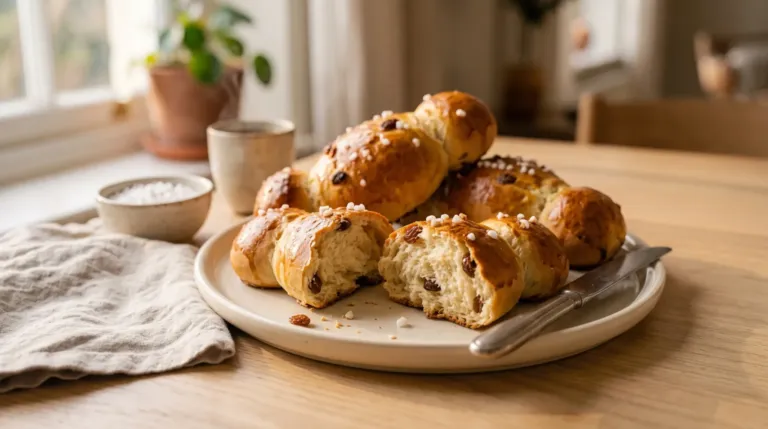 recette Cougnou : brioches dorées à deux extrémités arrondies, aux raisins et au sucre perlé, sur un plat.