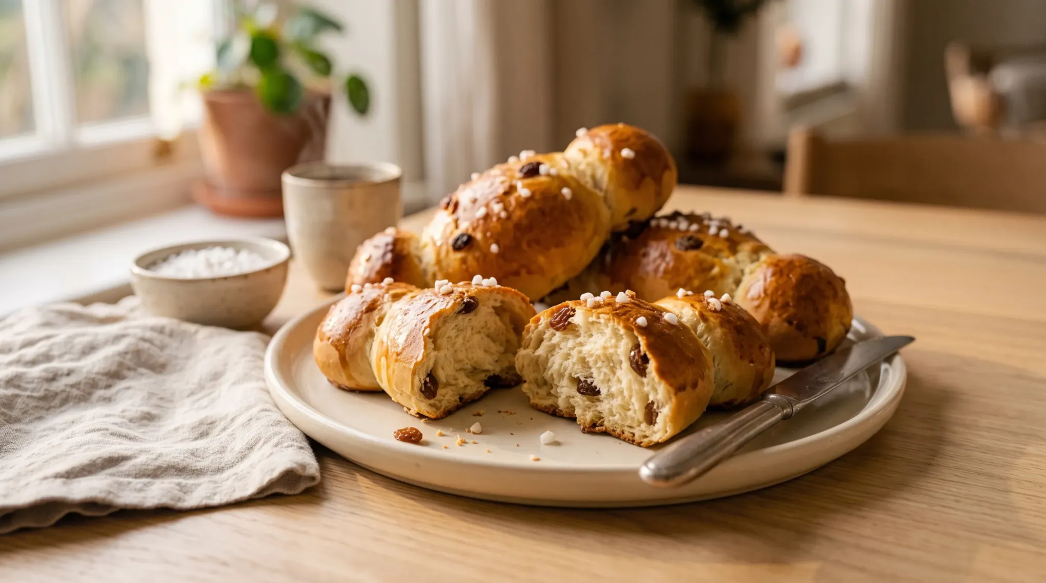 recette Cougnou : brioches dorées à deux extrémités arrondies, aux raisins et au sucre perlé, sur un plat.