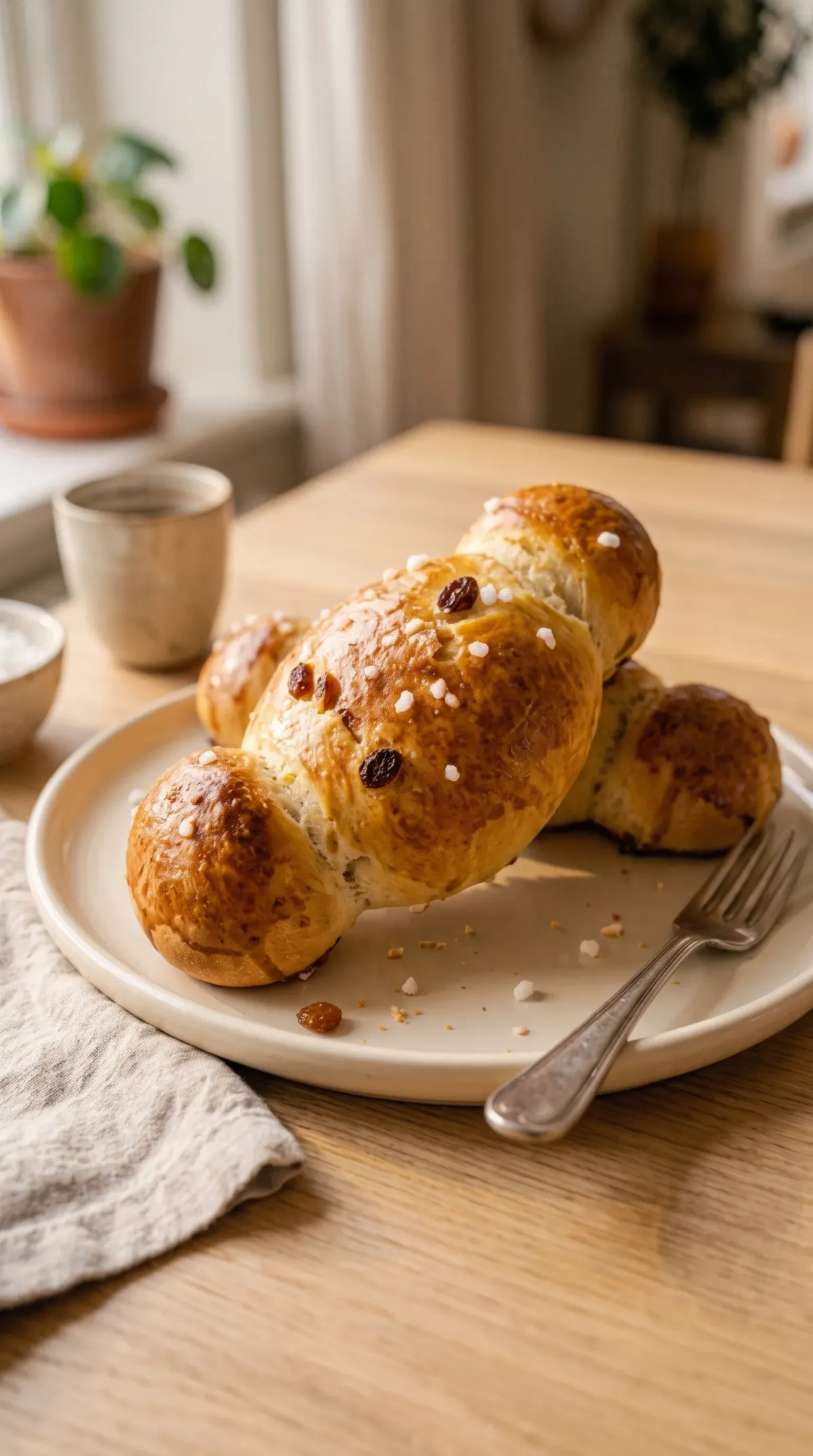Un cougnou doré sur une assiette crème, aux extrémités arrondies, avec des raisins et du sucre perlé visibles.