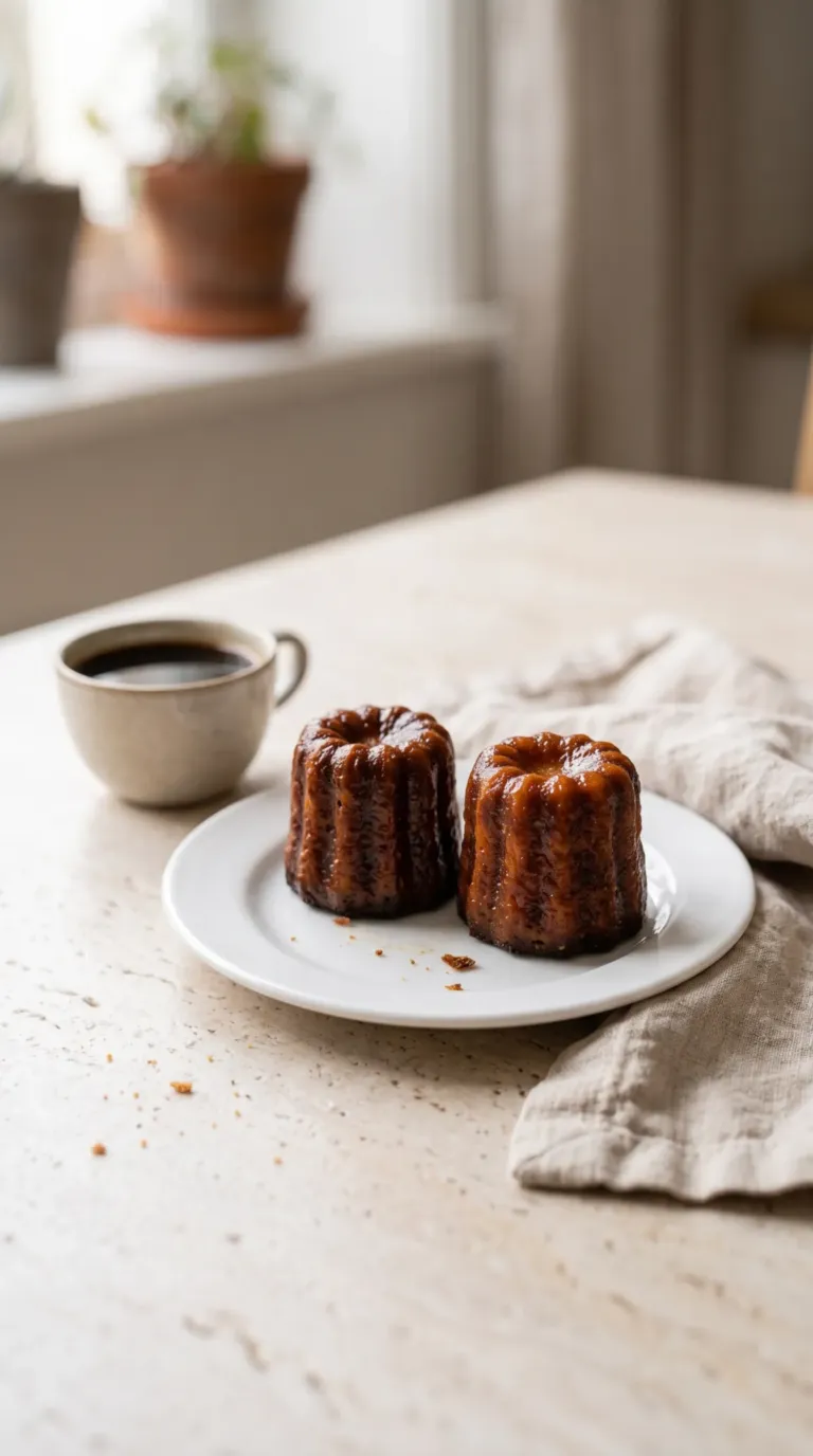 Deux cannelés bordelais sur une assiette à dessert blanche avec une tasse de café noir
