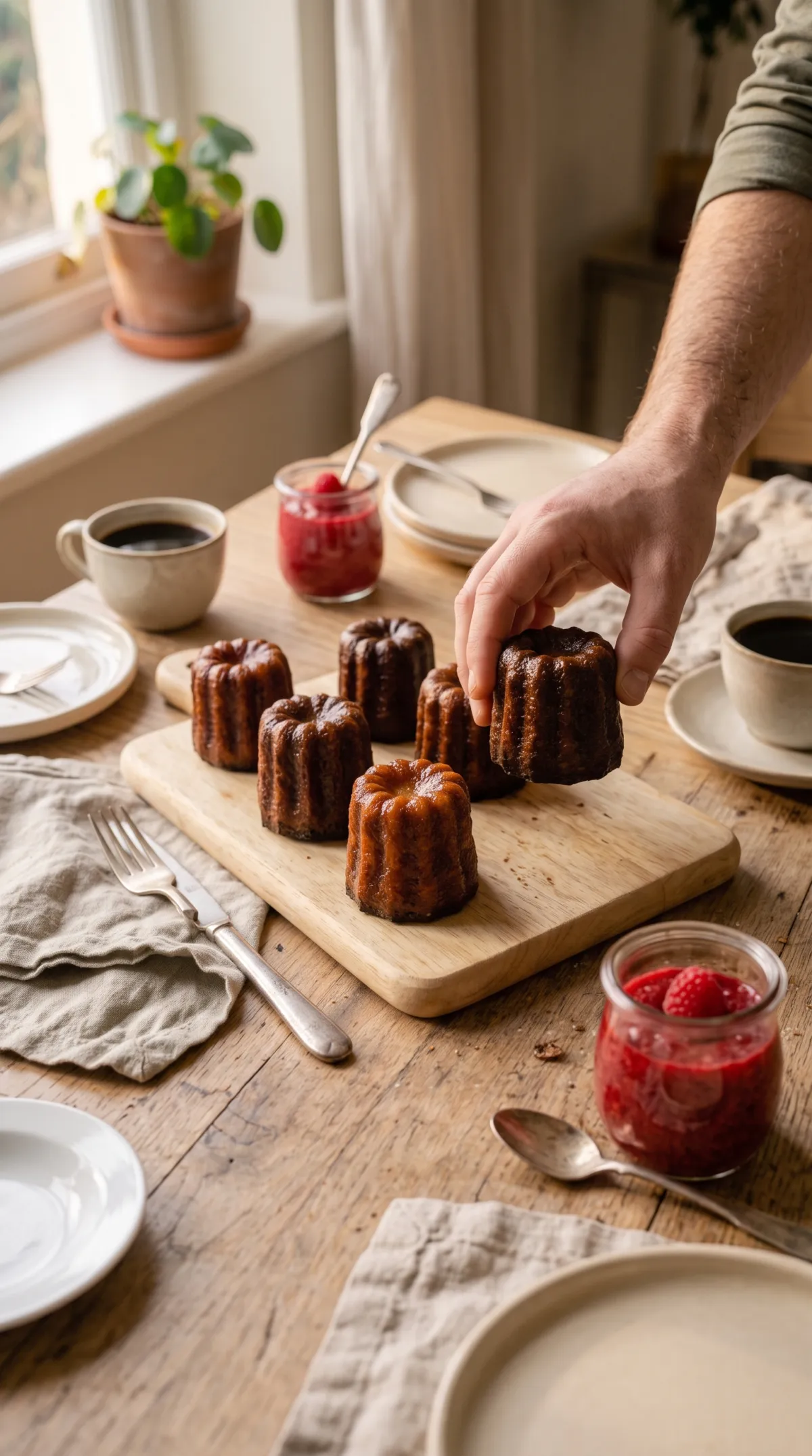 Table de goûter avec recette canneles bordelais, tasses de café, mousse framboise en verrine et serviettes en lin