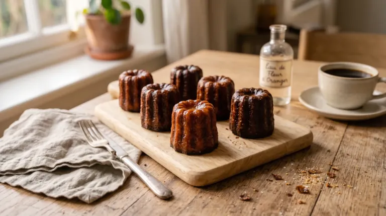 Canneles bordelais à la croûte caramélisée brun foncé, posés sur une planche en bois clair