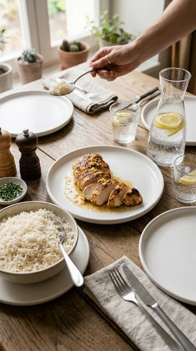 Plat de filets de poulet à l'ail et au citron au centre d'une table dressée, avec riz basmati et eau pétillante citronnée