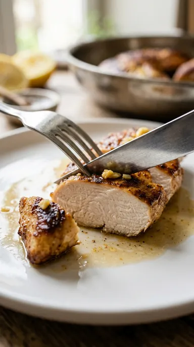 Filet de poulet tranché en éventail, nappé de jus à l'ail et au citron, servi sur une assiette blanche avec ses couverts