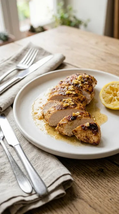 Fourchette et couteau tranchant un filet de poulet doré à l'ail et au citron, chair blanche et juteuse à l'intérieur