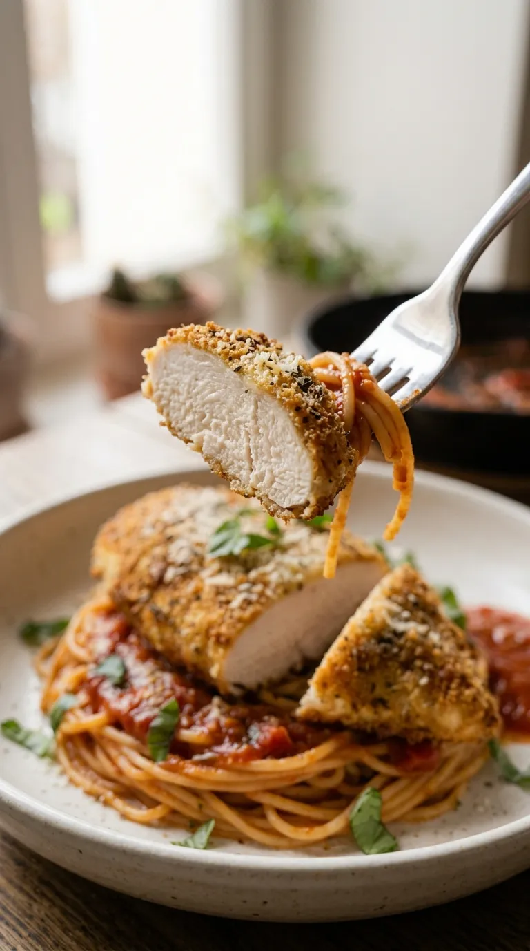 Fourchette soulevant une bouchée de filet de poulet à l'italienne pané, croûte dorée et chair blanche juteuse