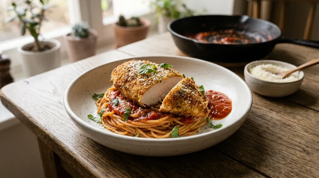 Recette filet de poulet à l'italienne : filet pané au parmesan tranché sur des spaghetti à la sauce tomate et basilic